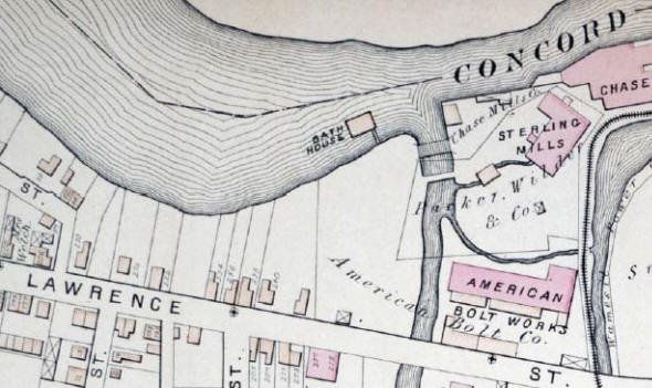 This 1879 atlas of Lowell showing location of Concord River bathhouse