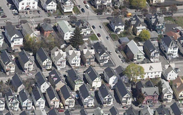 Aerial view of houses on Pleasant Street