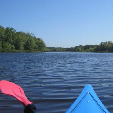 Kayaking The Neighborhood 2025 Kayak rip and paddle, Concord River with blue sky and green trees