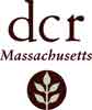 DCR Massachusetts logo a brown circle with a green 5 leaved branch"