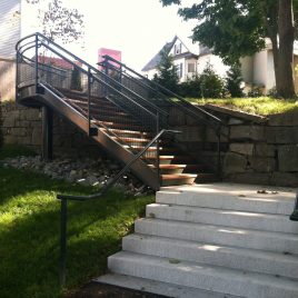 Stairs at back of Spalding House Park, leading to the Lowell State Heritage Park  and the Lowell National Historical Park's blacksmith's shop.