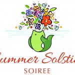 a graphic of a green fish mouth open, a bouquet of multi colored flowers in the fishes mouth, beneath words "Summer Soltice Soiree"