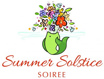 a graphic of a green fish mouth open, a bouquet of multi colored flowers in the fishes mouth, beneath words "Summer Soltice Soiree"
