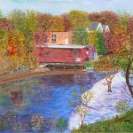 a paitning looking down on Wamesit Falls, fall foliage, reflecting into the water, red small building in the background next to the water, green grass in the foreground