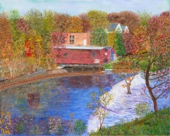 a paitning looking down on Wamesit Falls, fall foliage, reflecting into the water, red small building in the background next to the water, green grass in the foreground