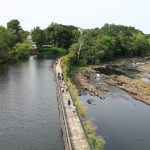 an aerial view of a walkway over a river, trees in the background, and rocks on the right side of the river