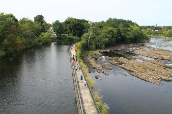 an aerial view of a walkway over a river, trees in the background, and rocks on the right side of the river