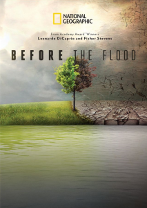a tree in the center of movie poster "Before the Flood" left side of the tree is green surrounded by grass the right side is dead surrounded by cracked brown dirt
