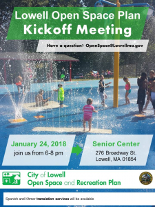 "Lowell Open Space Plan Kickoff Meeting" poster with children playing in waterpark sprinklers
