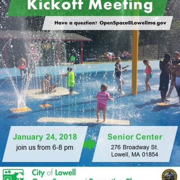 "Lowell Open Space Plan Kickoff Meeting" poster with children playing in waterpark sprinklers