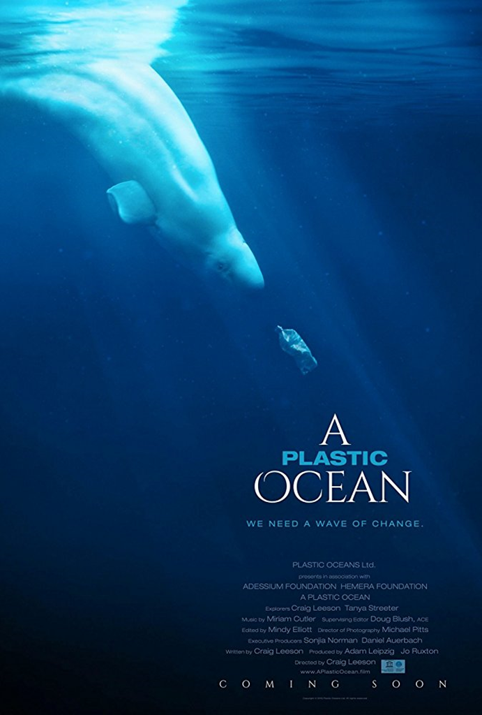 A Plastic Ocean Film Poster, a beluga whale faces a plastic water bottle- sustainable Westford film screening flier
