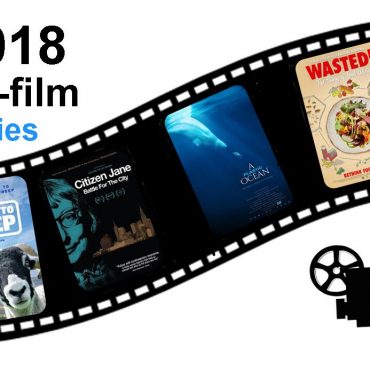 2018 Eco film series on top of a film strip graphic with movie posters, "Addicted to sheep", Citizen Jane", A Plastic Ocean, "Wasted"; old film camera graphic in black below