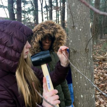 2 High school students hang up trail blaze signs in winter at West Meadow