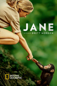Jane film logo, jane goodall reaching and touching hand swith a baby chimp
