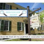 Spalding house scavenger hunt , yellow historic house with a "scavenger hunt" graphic with magnifying glasses "Celebrate Kids week with the Lowell Parks & Conservation trust