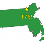 Map of massachusetts with a star on Lowell that says "176!"