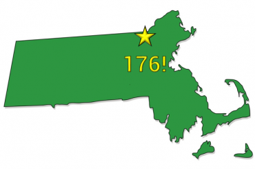 Map of massachusetts with a star on Lowell that says "176!"