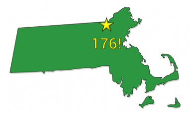 Map of massachusetts with a star on Lowell that says "176!"