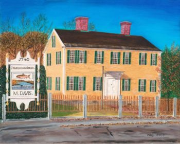 painting of a yellow historic house a sign hangs in front saying 1760 Spalding house M. Davis