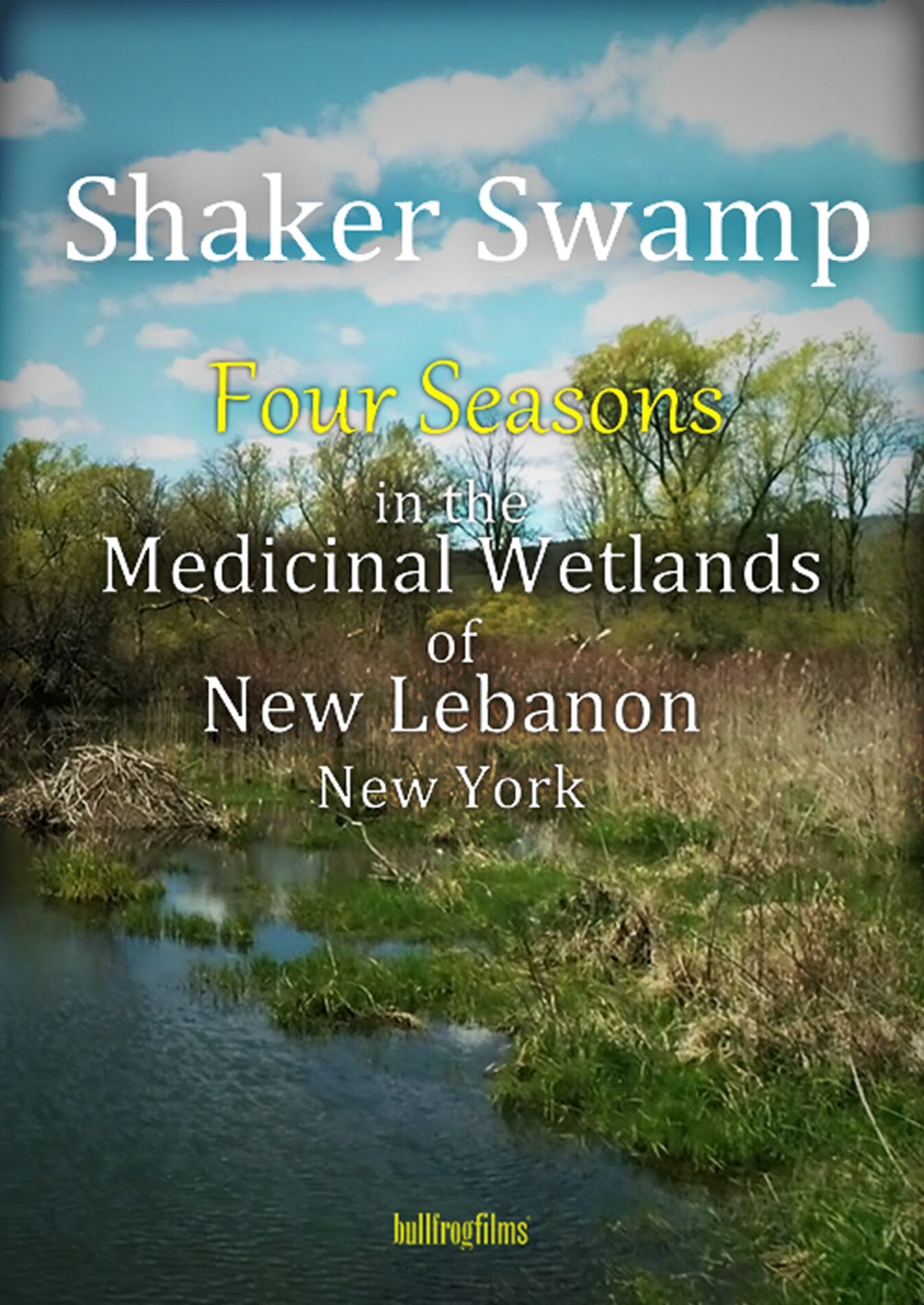 Shaker Swamp title cover with “Four Seasons in the Medicinal Wetlands of New Lebanon New York” over a scenic wetland landscape and river channel.